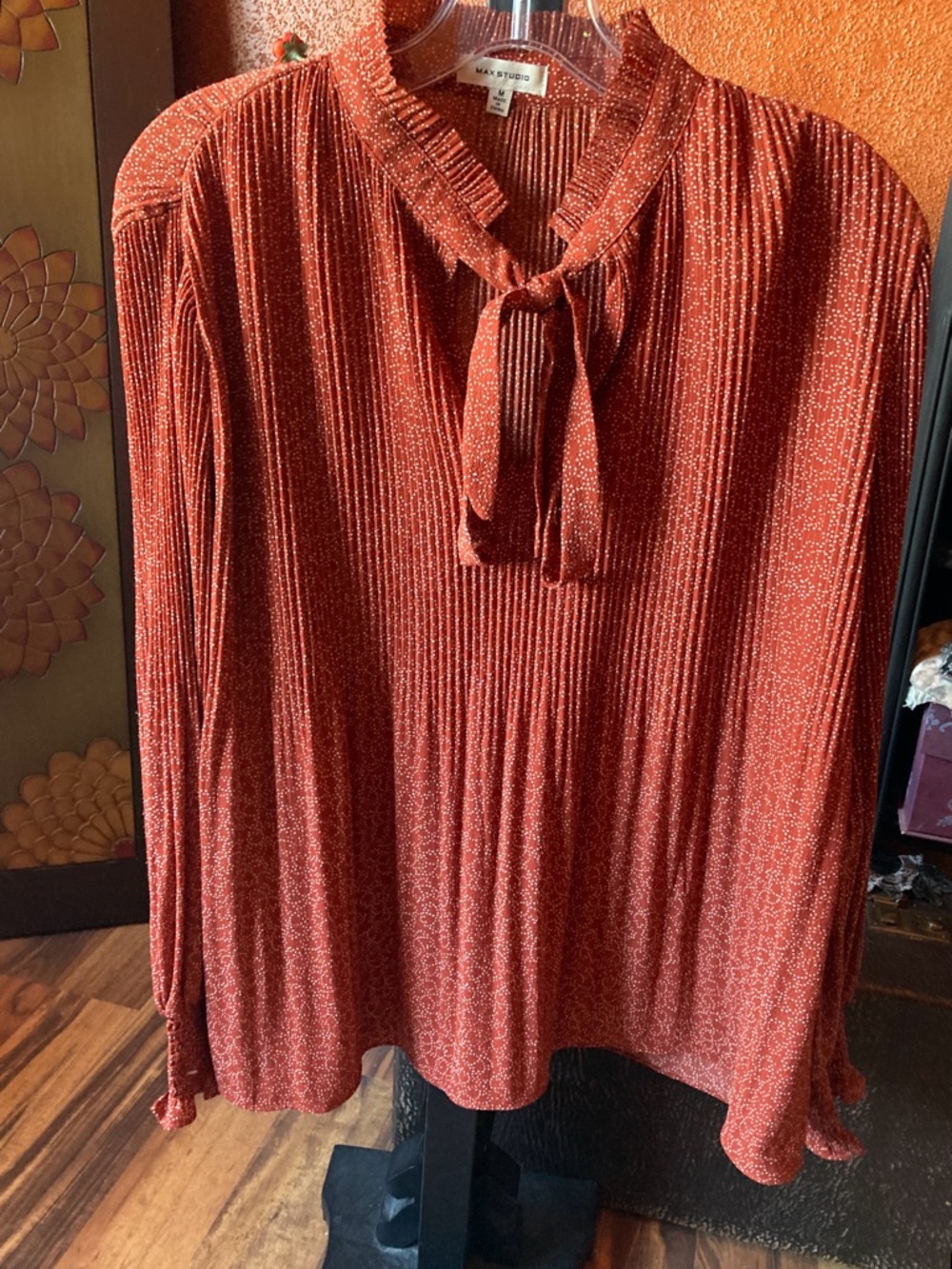 Max Studio Medium high neck long sleeve terracotta pin dotted pattern blouse